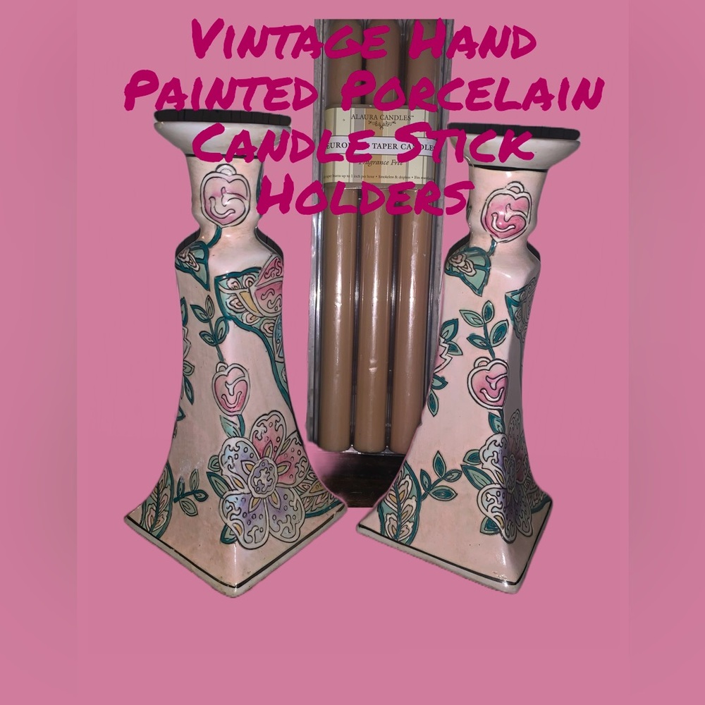 PINK Floral Candle Stick Holders-‎ Macau painted. RARE